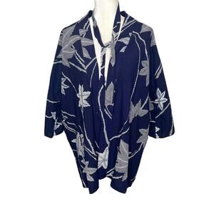 VTG HAYASHI KIMONO Women's L Japanese Cotton Belted Jacket Navy Med Maple Leaf